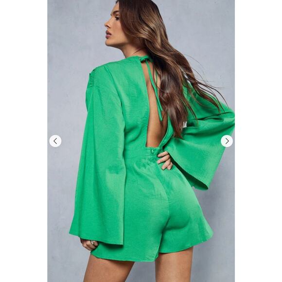 NEW MissPap Plunge Front Romper 6 Green Tie Back Playsuit Linen Look Glam - Picture 7 of 11